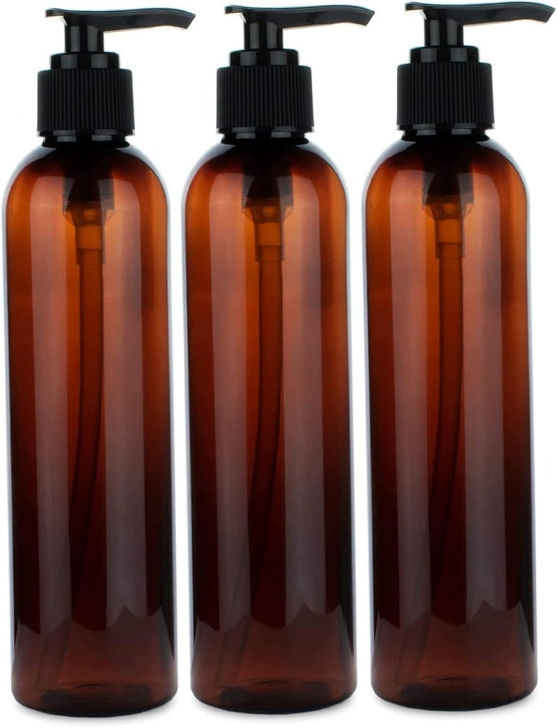 woobles Lotion Pump Bottles, 3pcs 8 oz Plastic Refillable Bottles, Amber PET Lotion Containers for Shampoo, Lotions, Liquid Body Soap, Creams - Image 1
